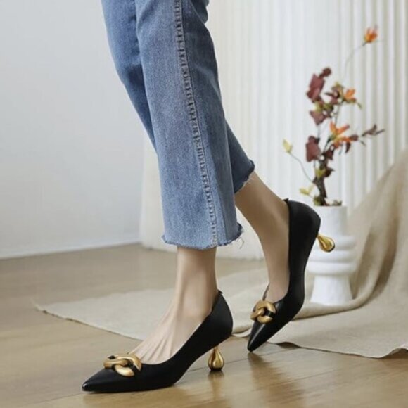 XYD Low Heel Closed Pointed Toe Pumps with Metal Chain Solid Golden Heeled Shoes - Picture 1 of 8